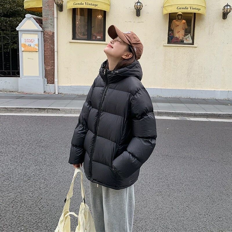 Long Sleeve Hooded Loose Cropped Puffer Jacket for Women