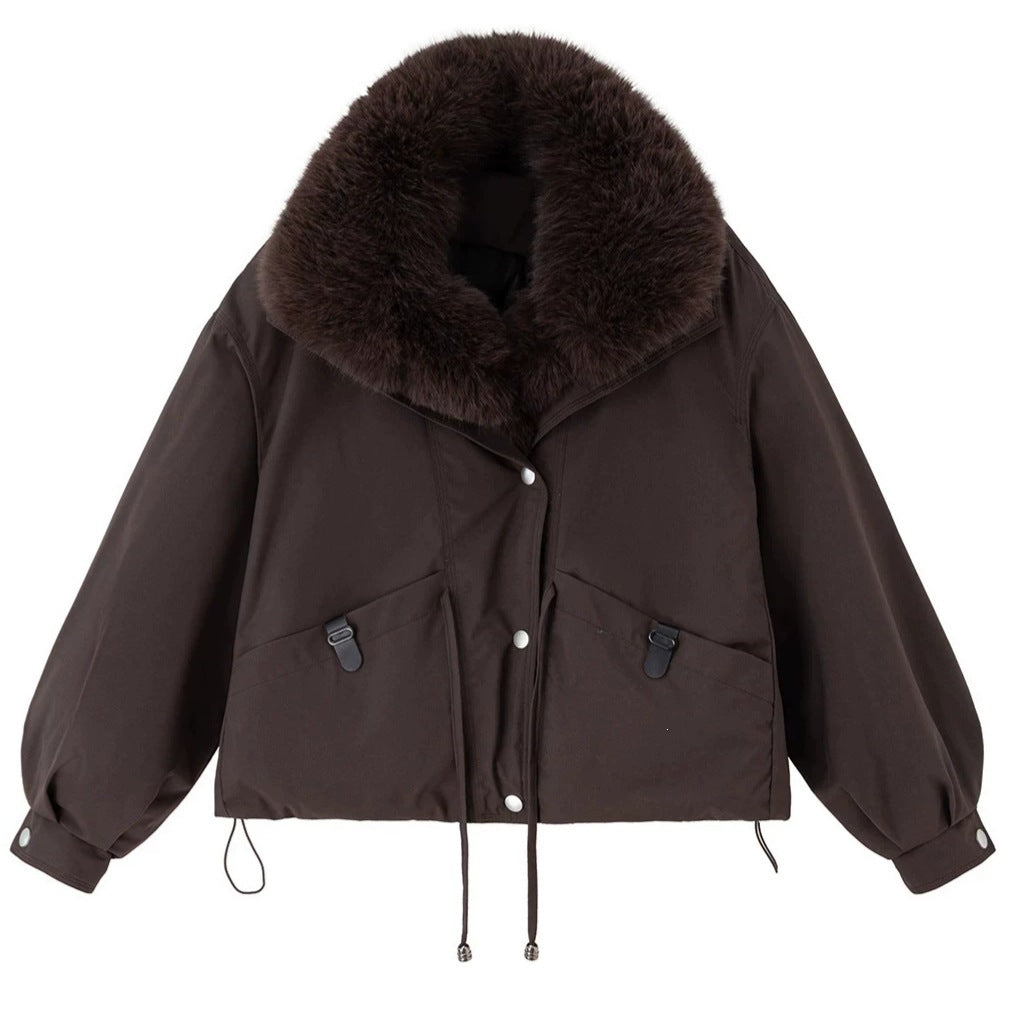 Women's Cropped Workwear Parka with Detachable Large Fur Collar, Thickened Cotton-Filled Windbreaker Coat