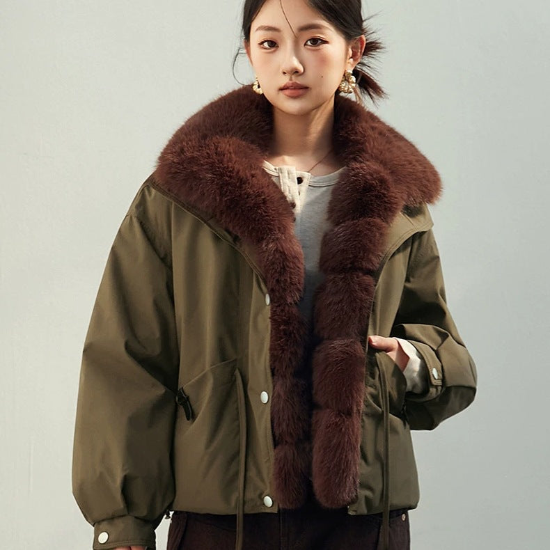 Women's Cropped Workwear Parka with Detachable Large Fur Collar, Thickened Cotton-Filled Windbreaker Coat