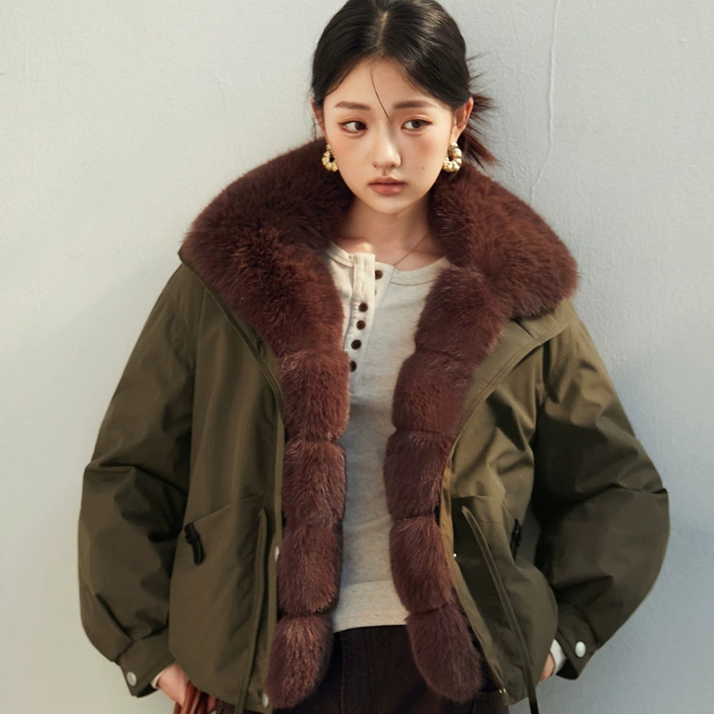Women's Cropped Workwear Parka with Detachable Large Fur Collar, Thickened Cotton-Filled Windbreaker Coat