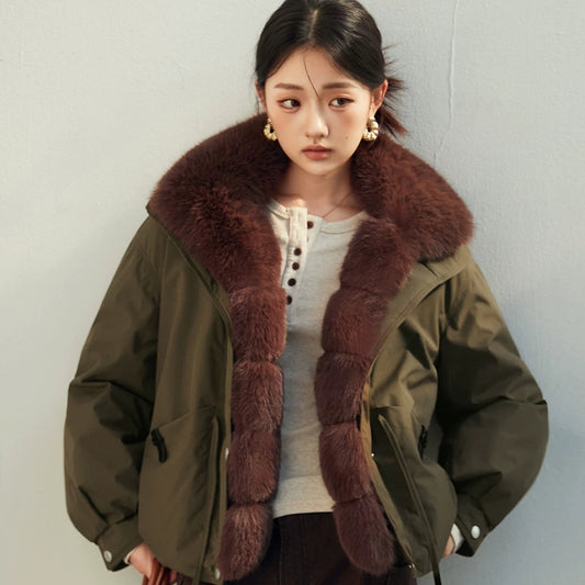 Women's Cropped Workwear Parka with Detachable Large Fur Collar, Thickened Cotton-Filled Windbreaker Coat