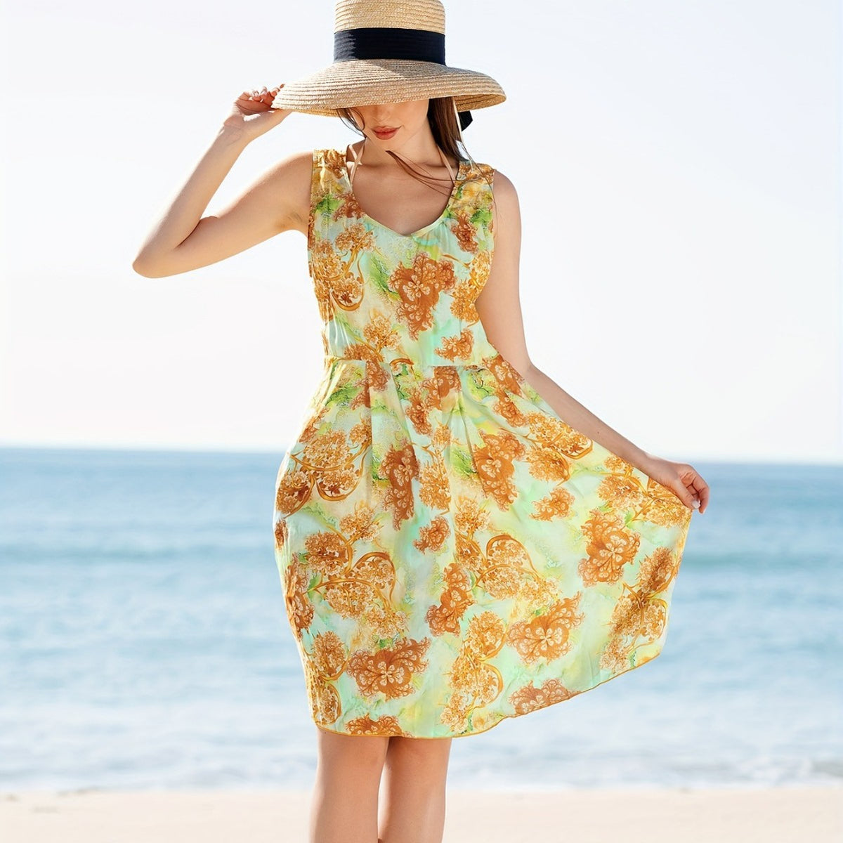 Shoulder leakage round neck printed one-piece sunscreen clothes for women