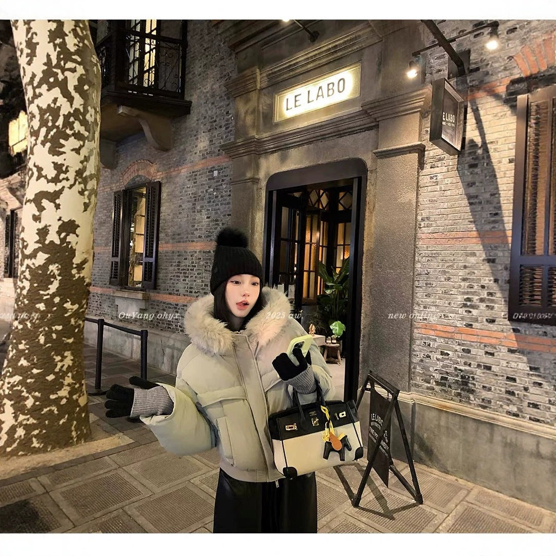 Gray Women's Thickened Padded Coat with Large Fur Collar